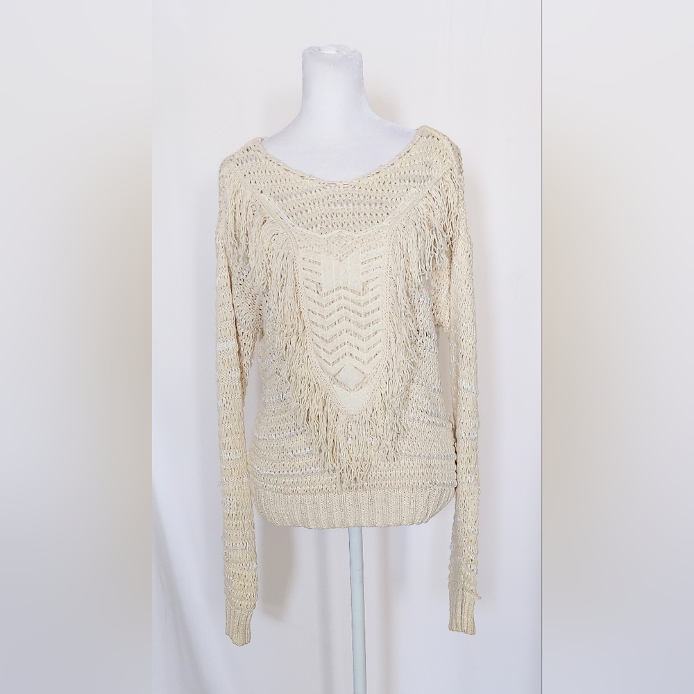 Buckle by BKE Long Sleeve Fringe Cotton Blend Sweater Ivory Size Small